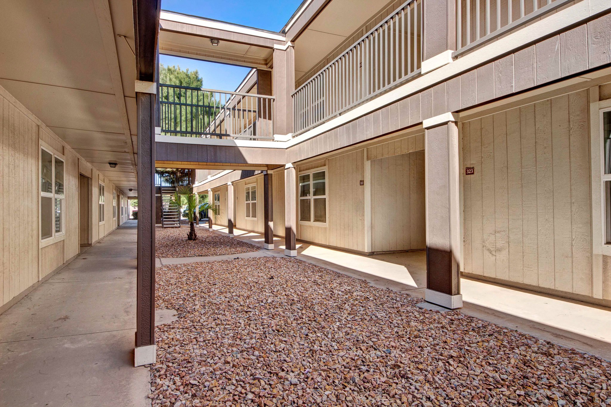 The exterior hallways of the various buildings at the Fairgreen property