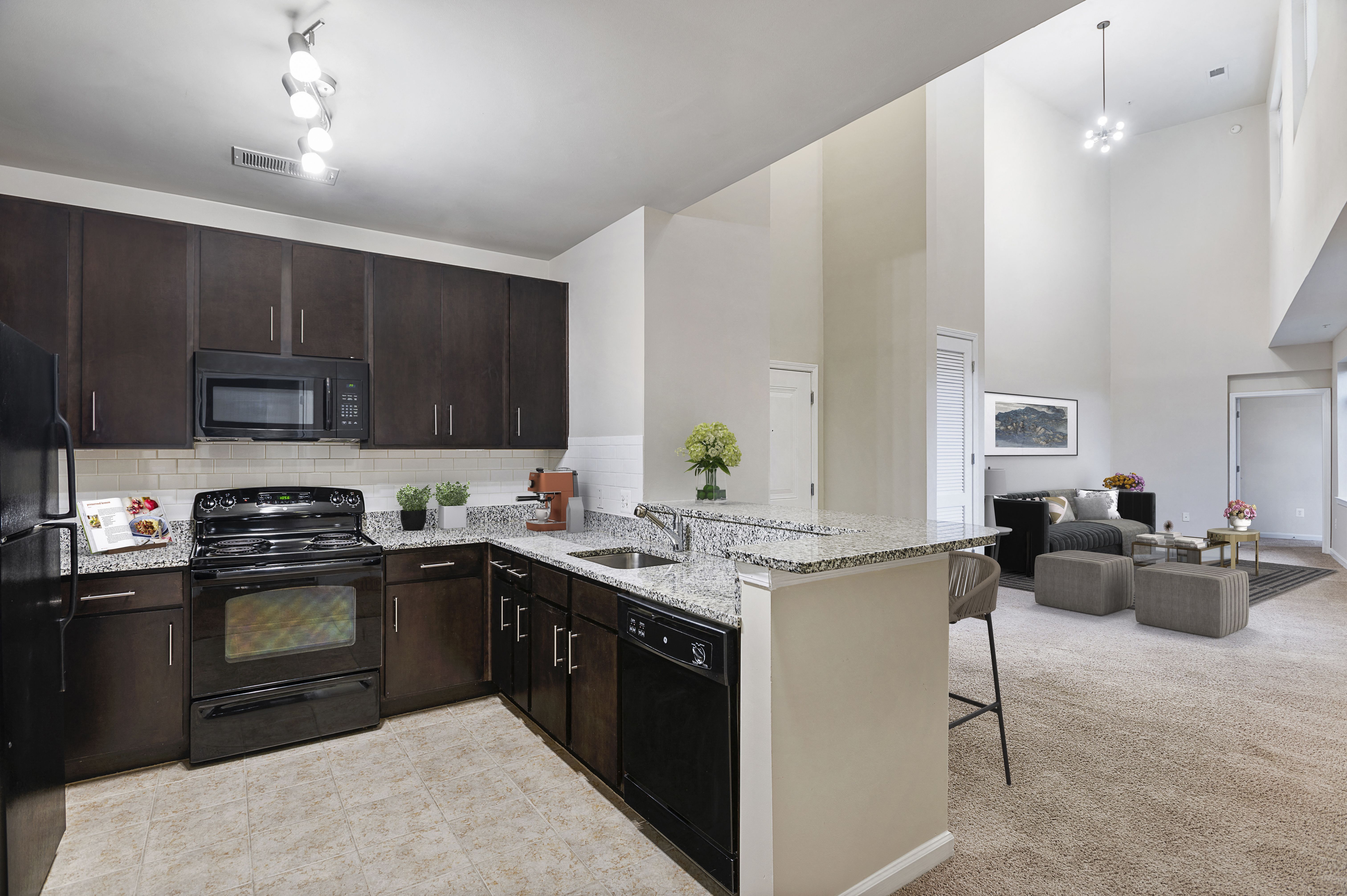 Fully equipped chef's kitchens with granite countertops Fully equipped chef's kitchens with granite countertops