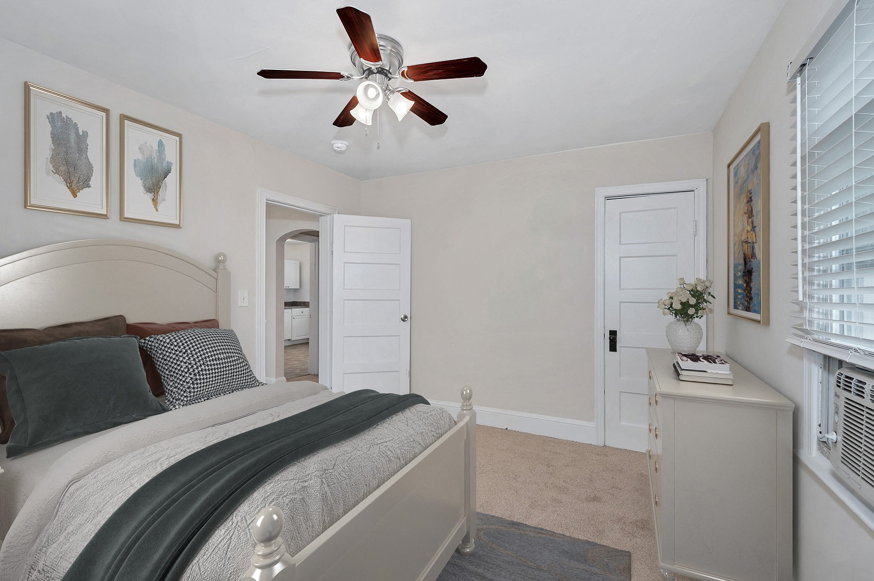 Cozy bedroom with ceiling fan