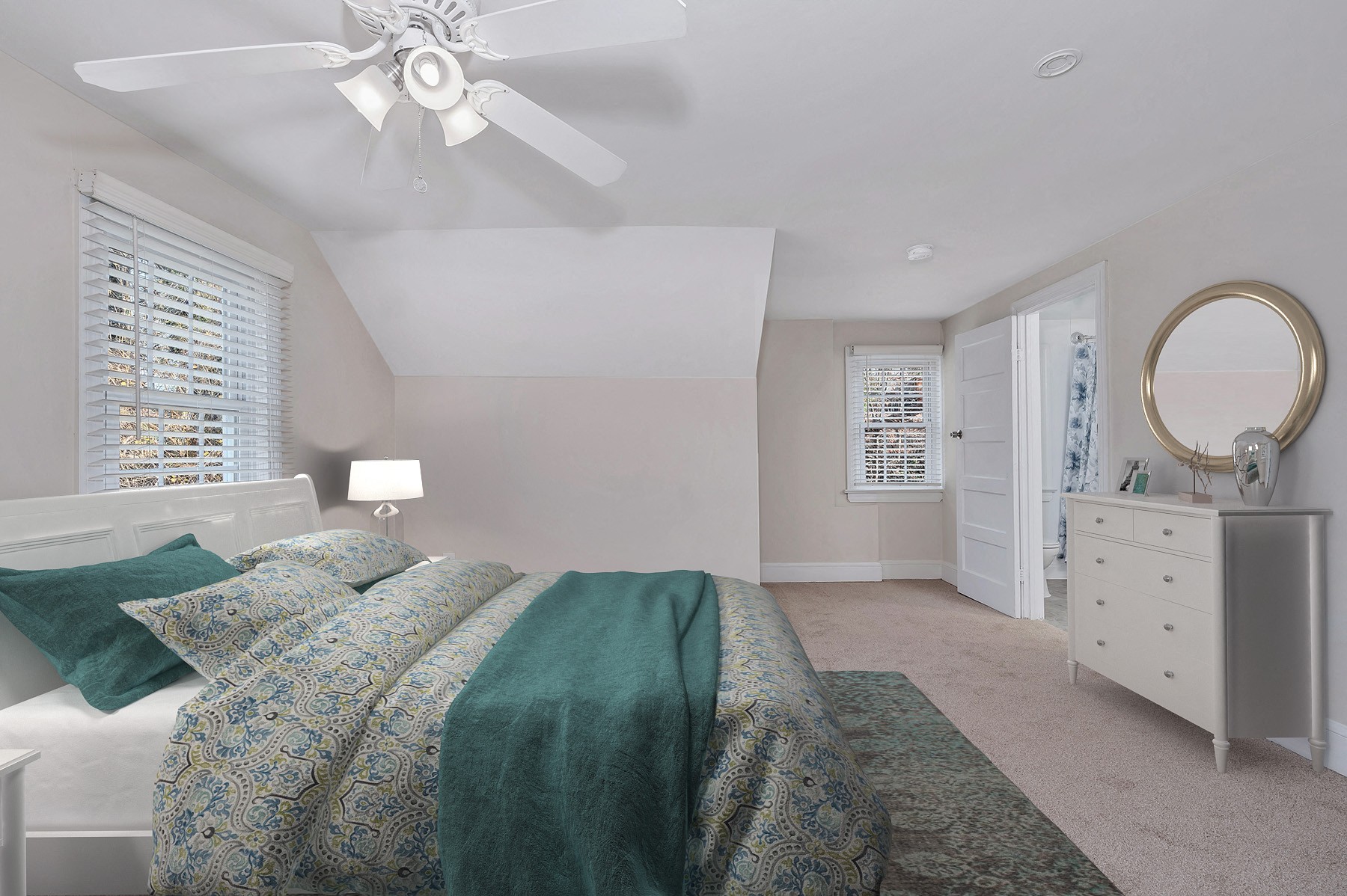 King size bedroom with ceiling fan