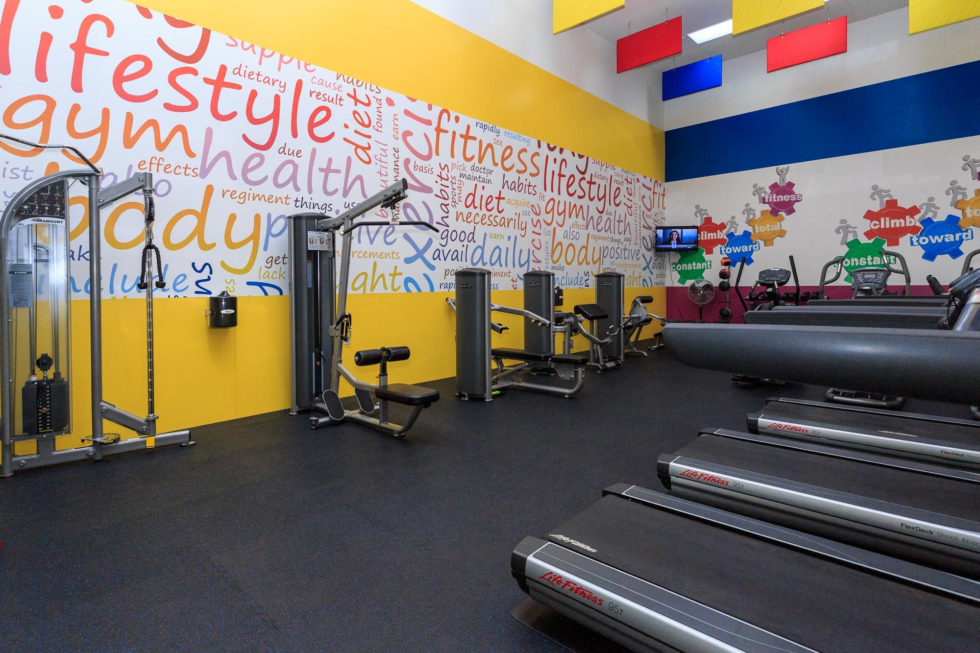 Large fitness center with cardio and strength training equipment Large fitness center with cardio and strength training equipment