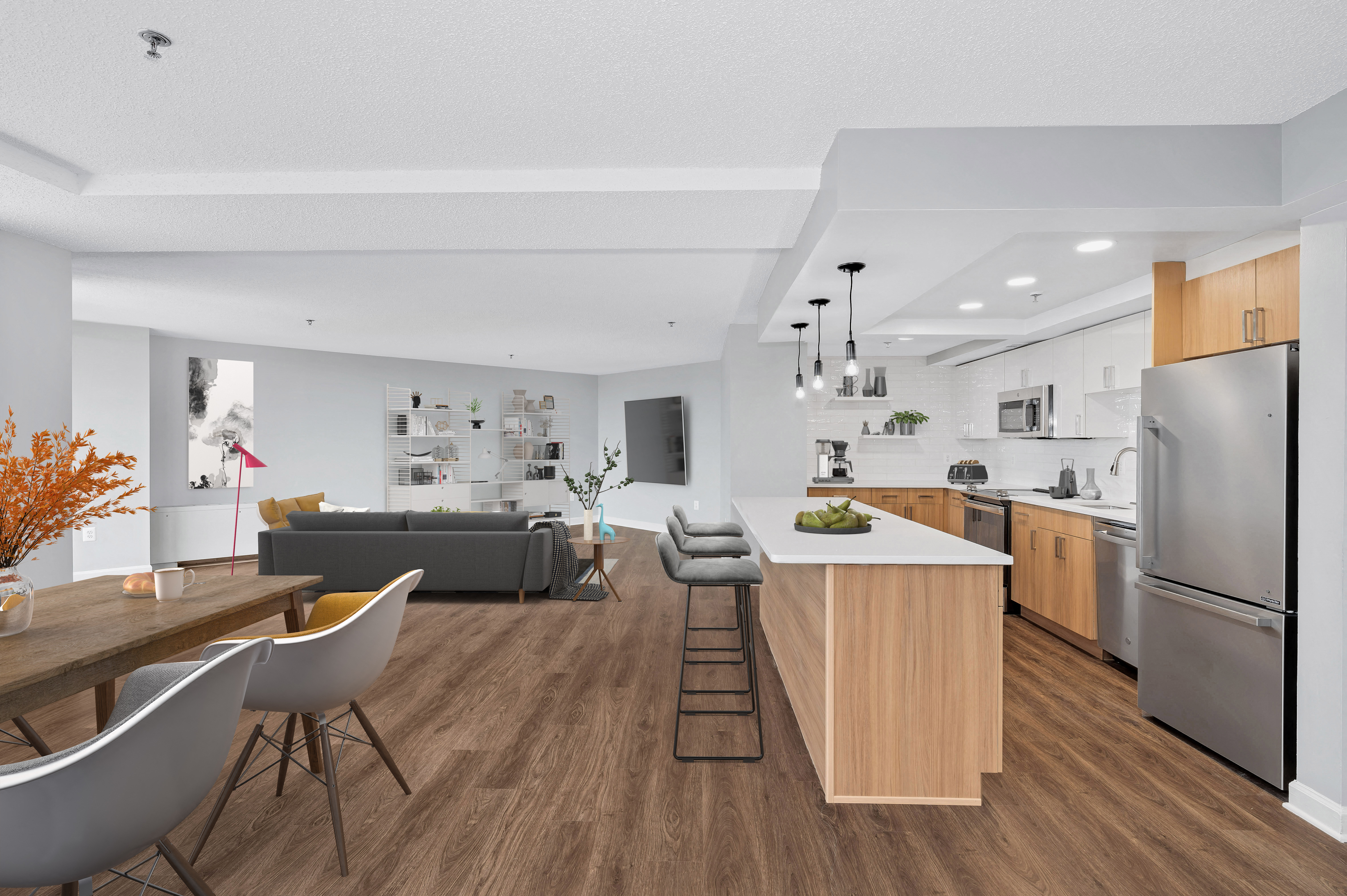 Modern and spacious floor plans featuring Edison pendant light fixtures Modern and spacious floor plans featuring Edison pendant light fixtures