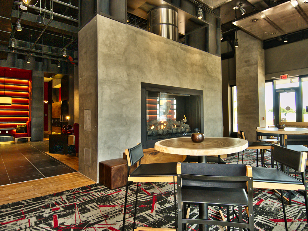 Lobby with cool industrial-modern design