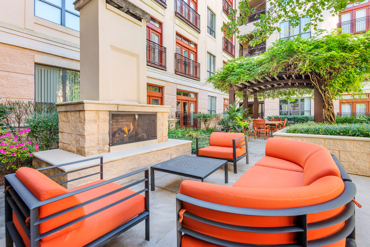Outdoor fireplace with seating