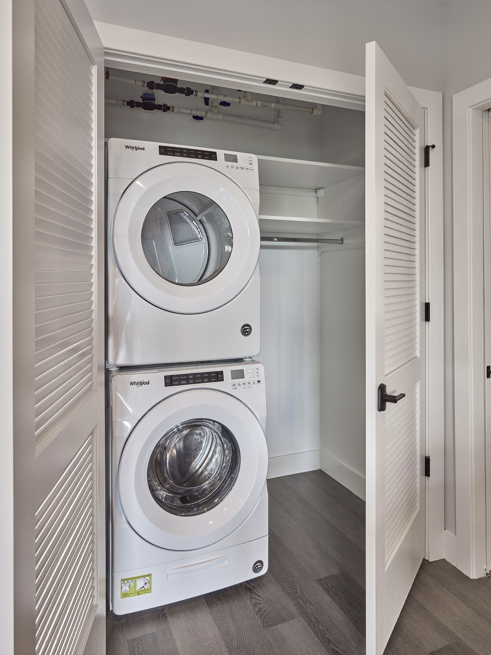full-size washer dryer in home, large closets