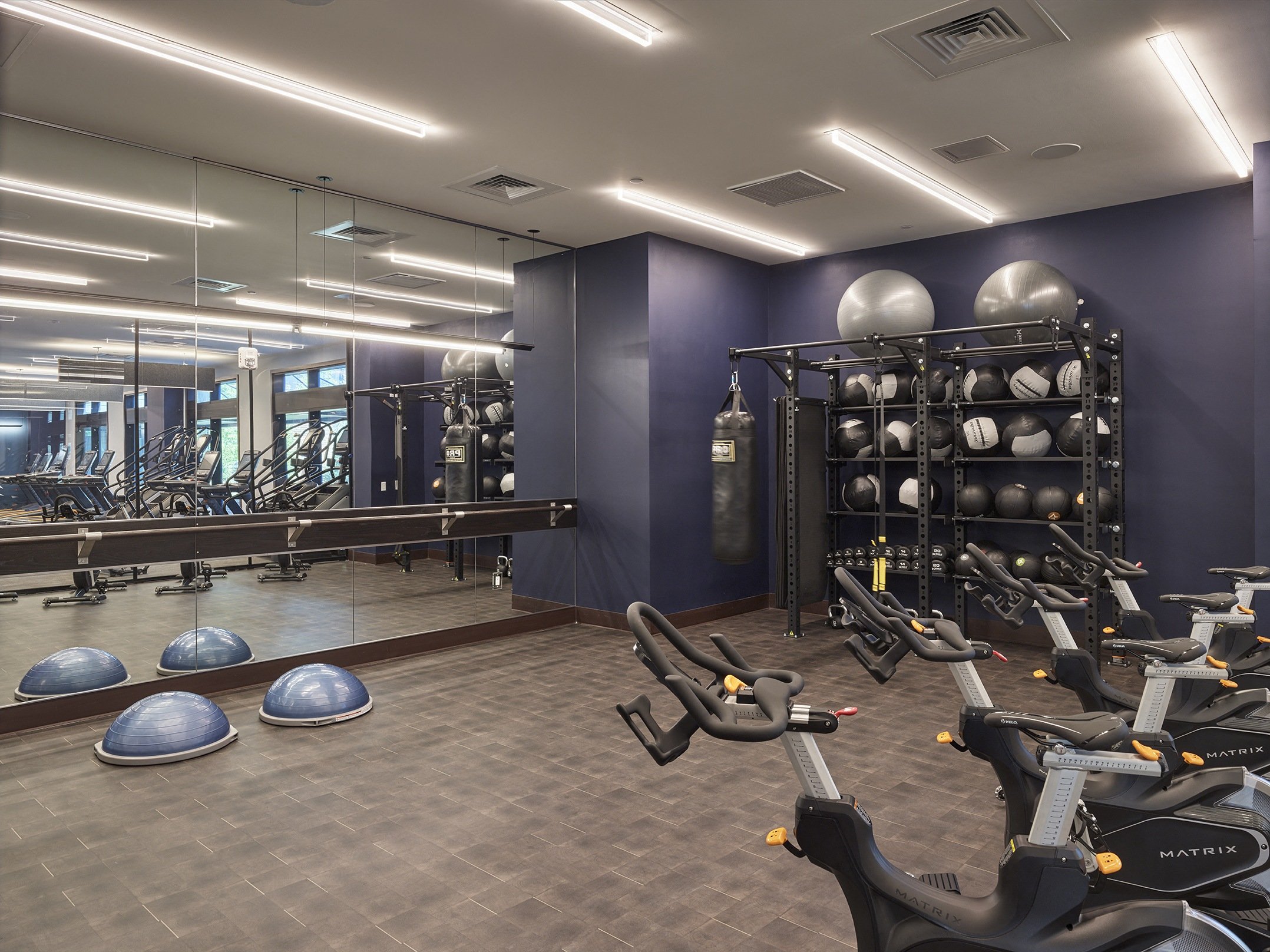 private fitness room, fitness center, spin bikes,