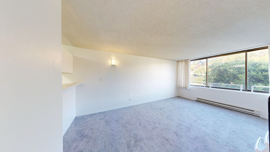 A room with a grey carpet and a window overlooking trees.