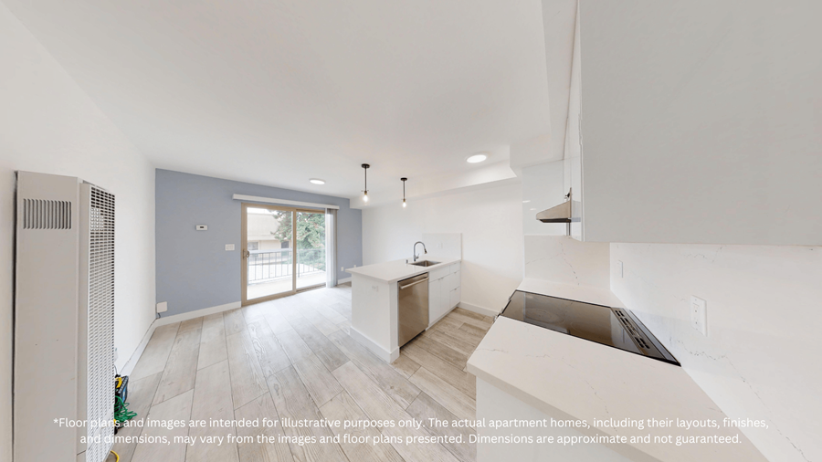 A modern kitchen with a large island in the middle.