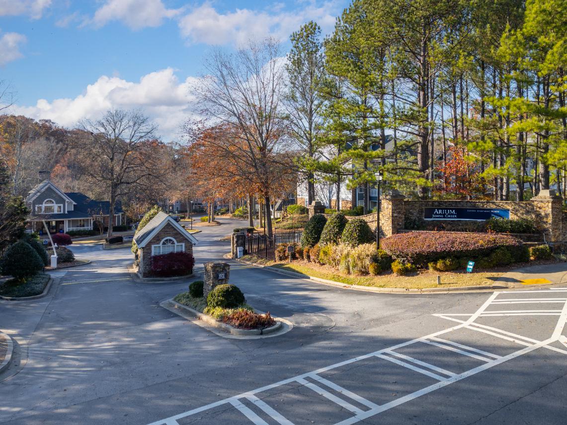 A residential area with houses and trees.