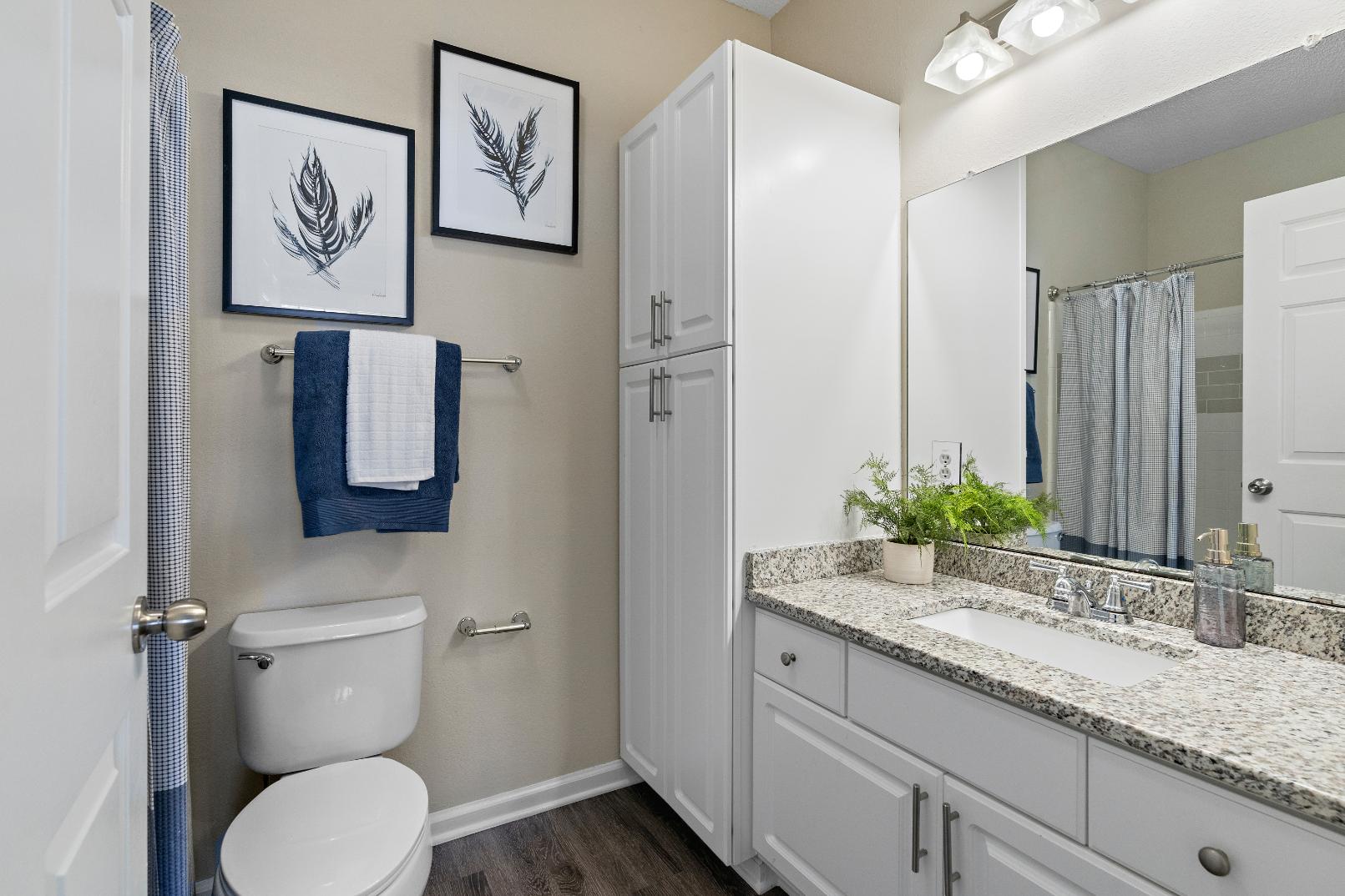 A bathroom with a toilet, sink, and mirror.