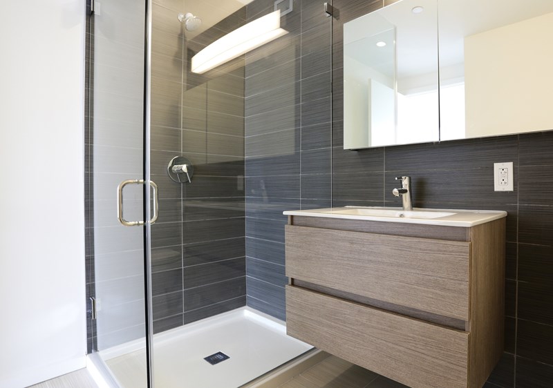 A modern bathroom with a walk-in shower and a wooden vanity.