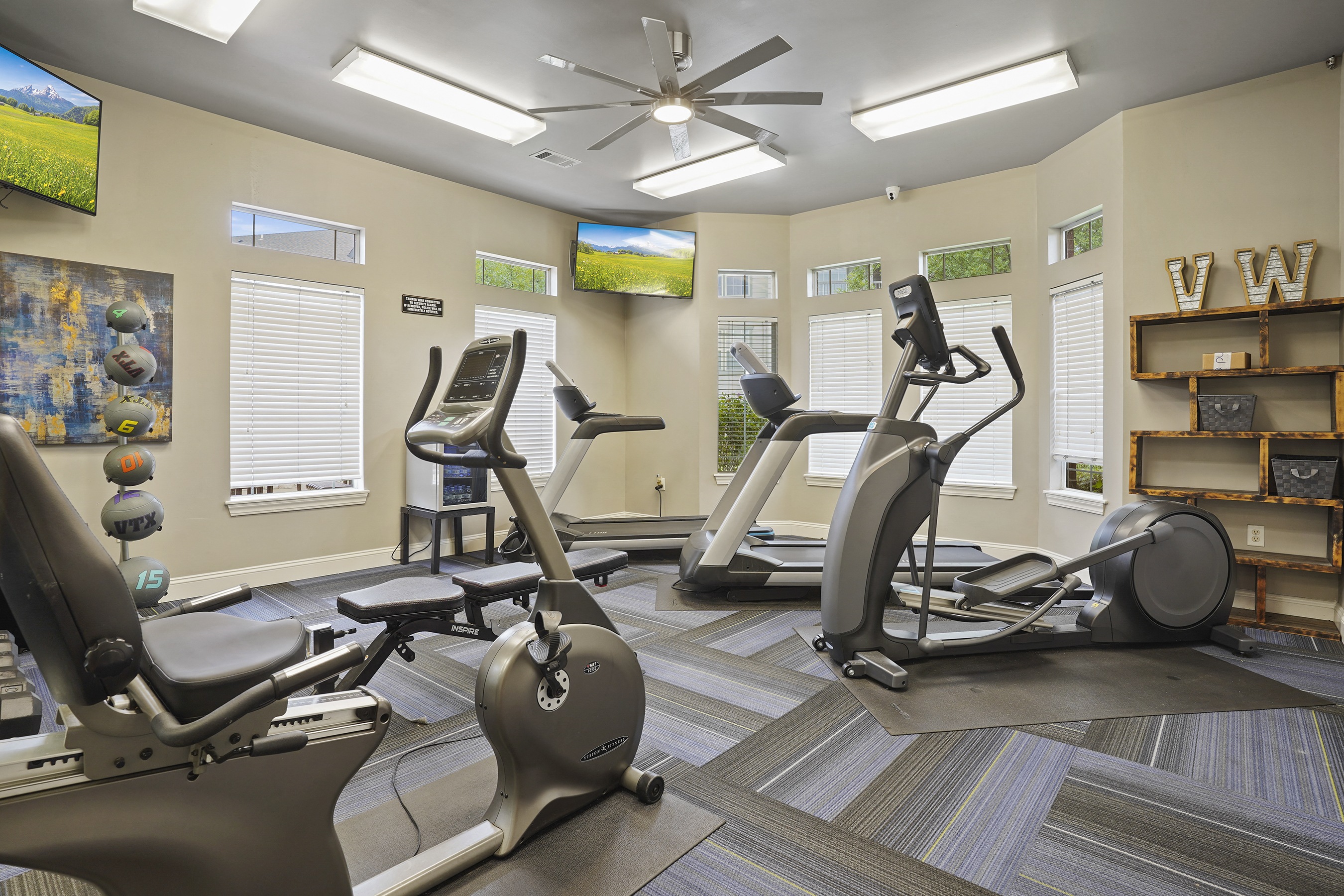 A gym with treadmills, elliptical machines, and a fan.