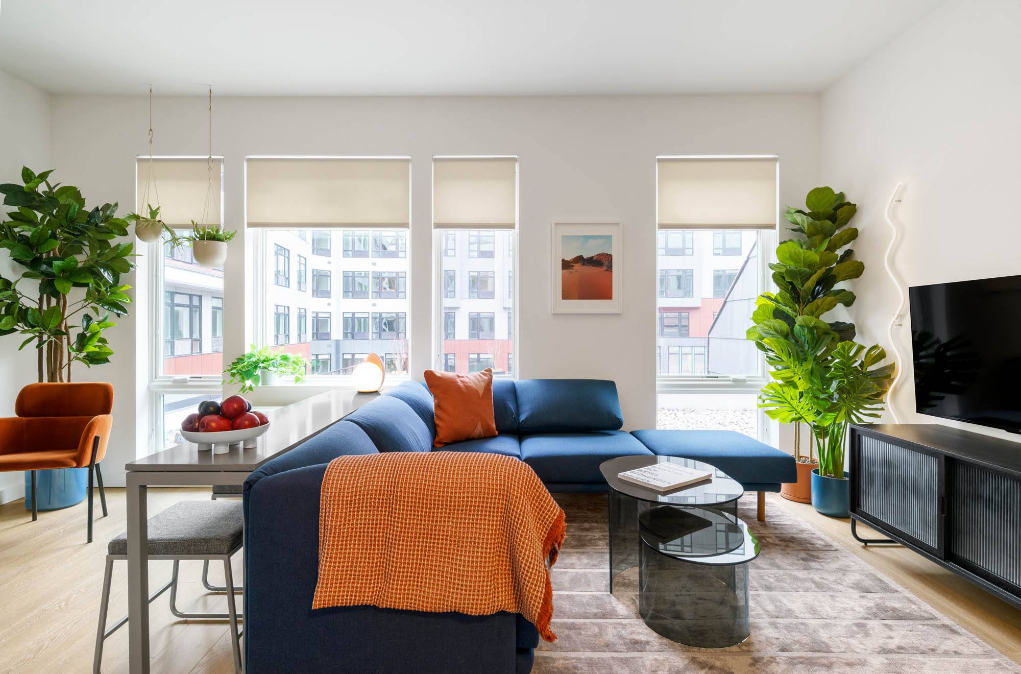 ,,a living room with a blue couch and a kitchen