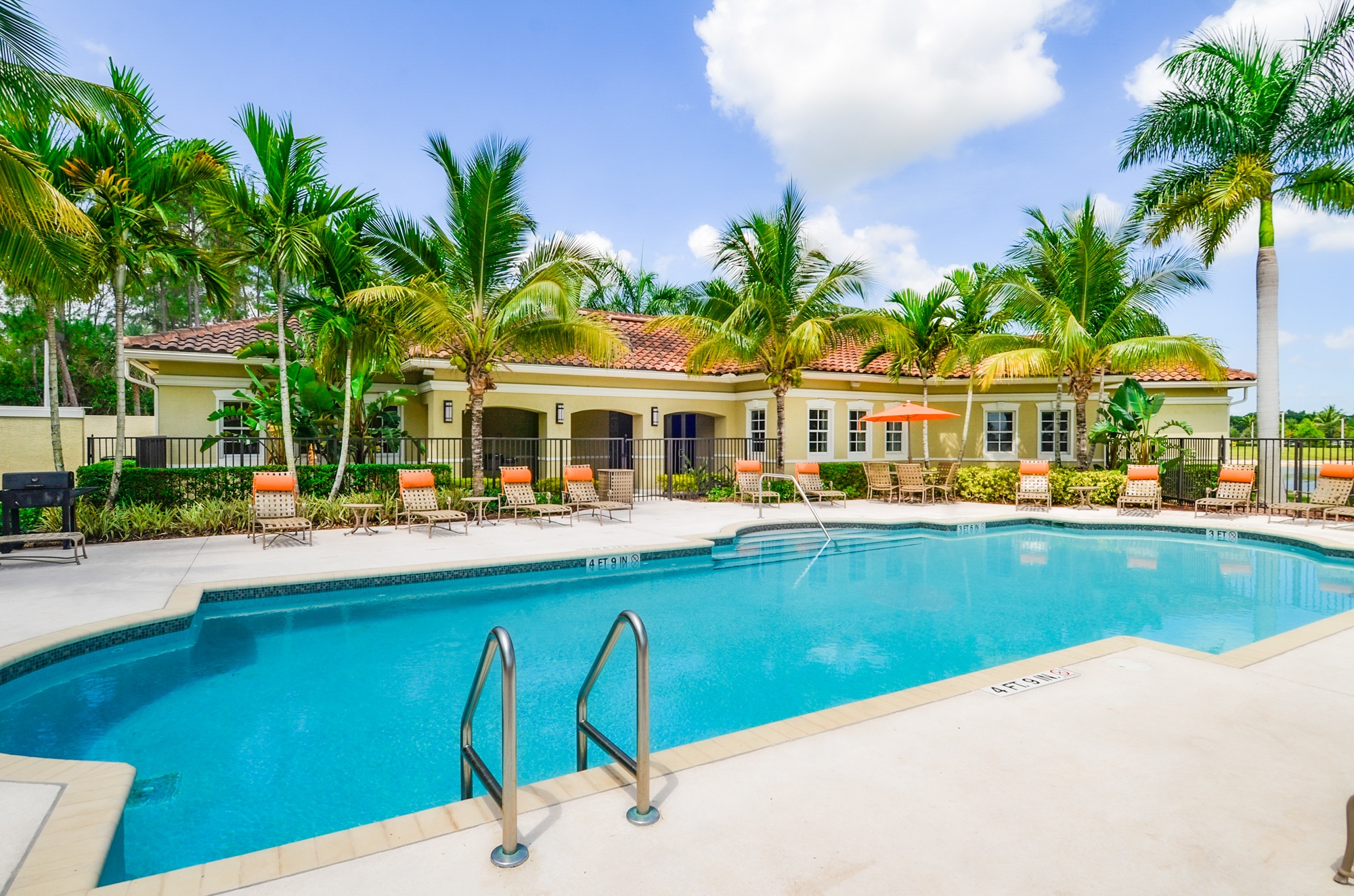 A pool surrounded by palm trees and lounge chairs.