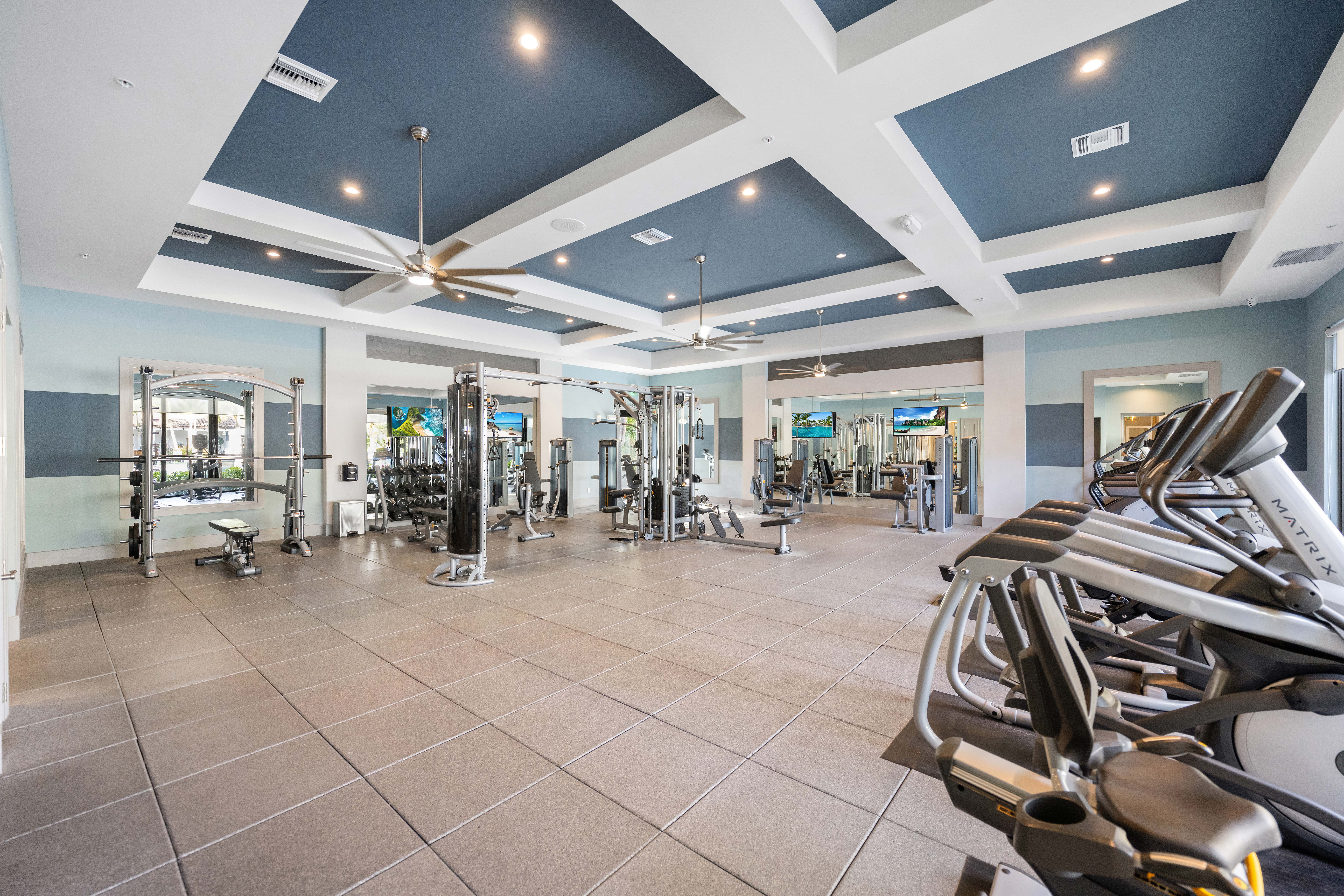 A gym with a variety of equipment including treadmills, weights, and a fan.