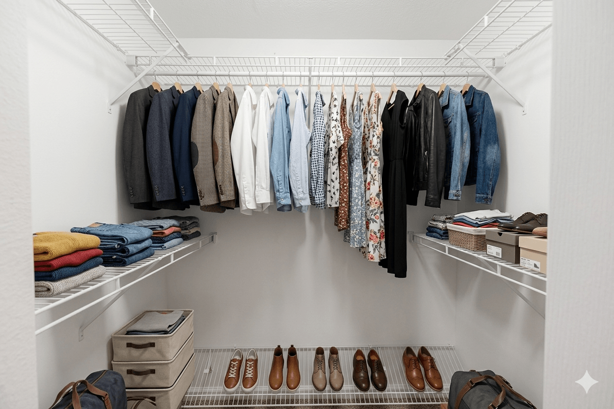 A white closet with clothes and shoes.