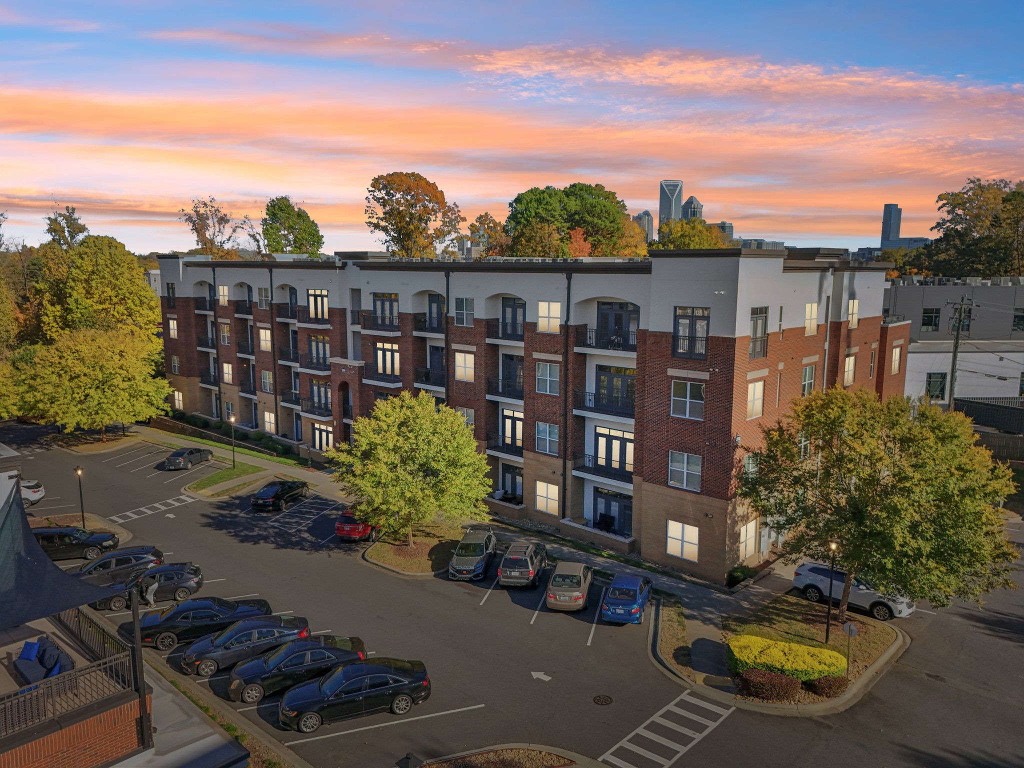 community exterior drone shot at twilight