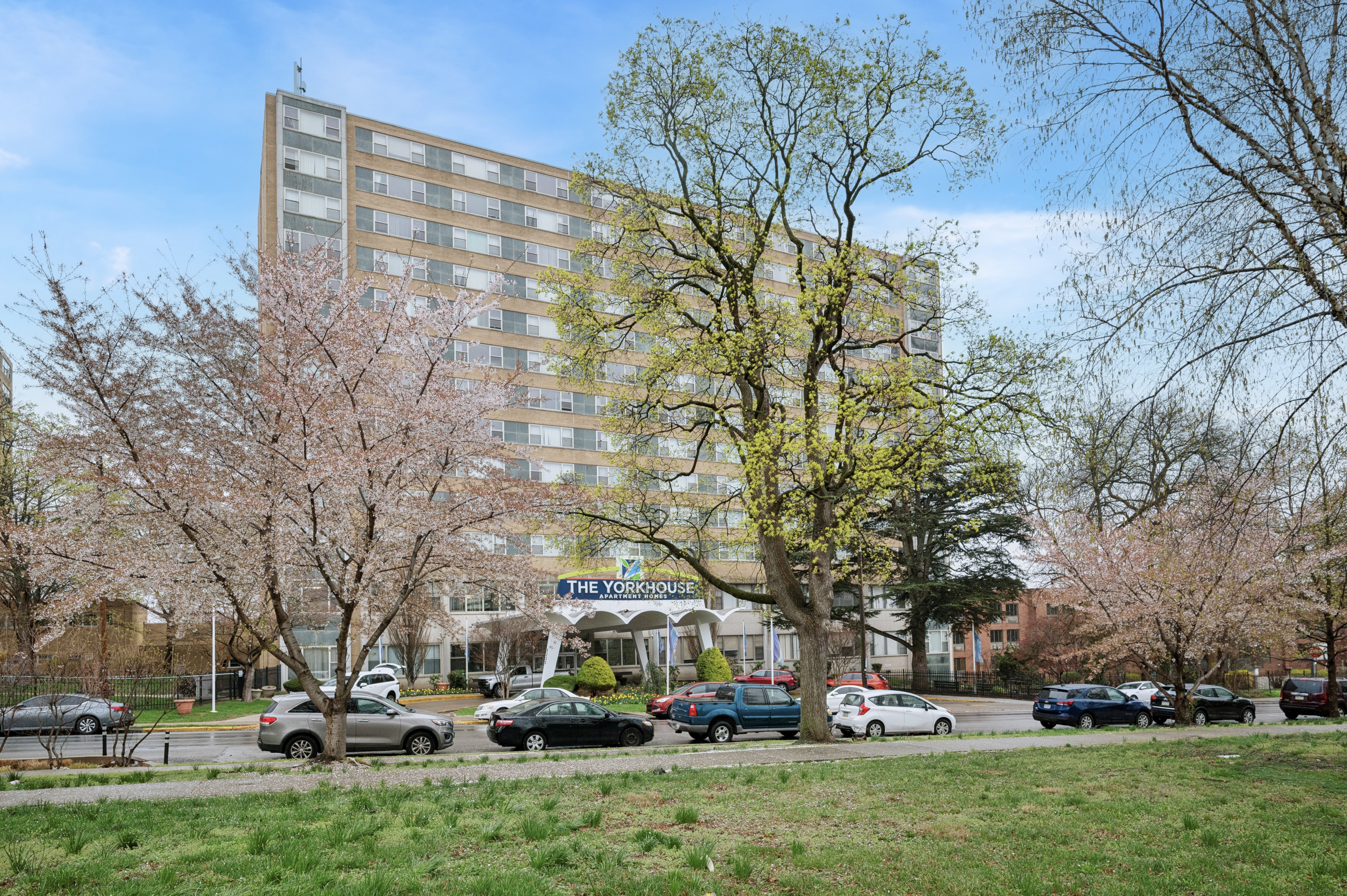 A large building with the words