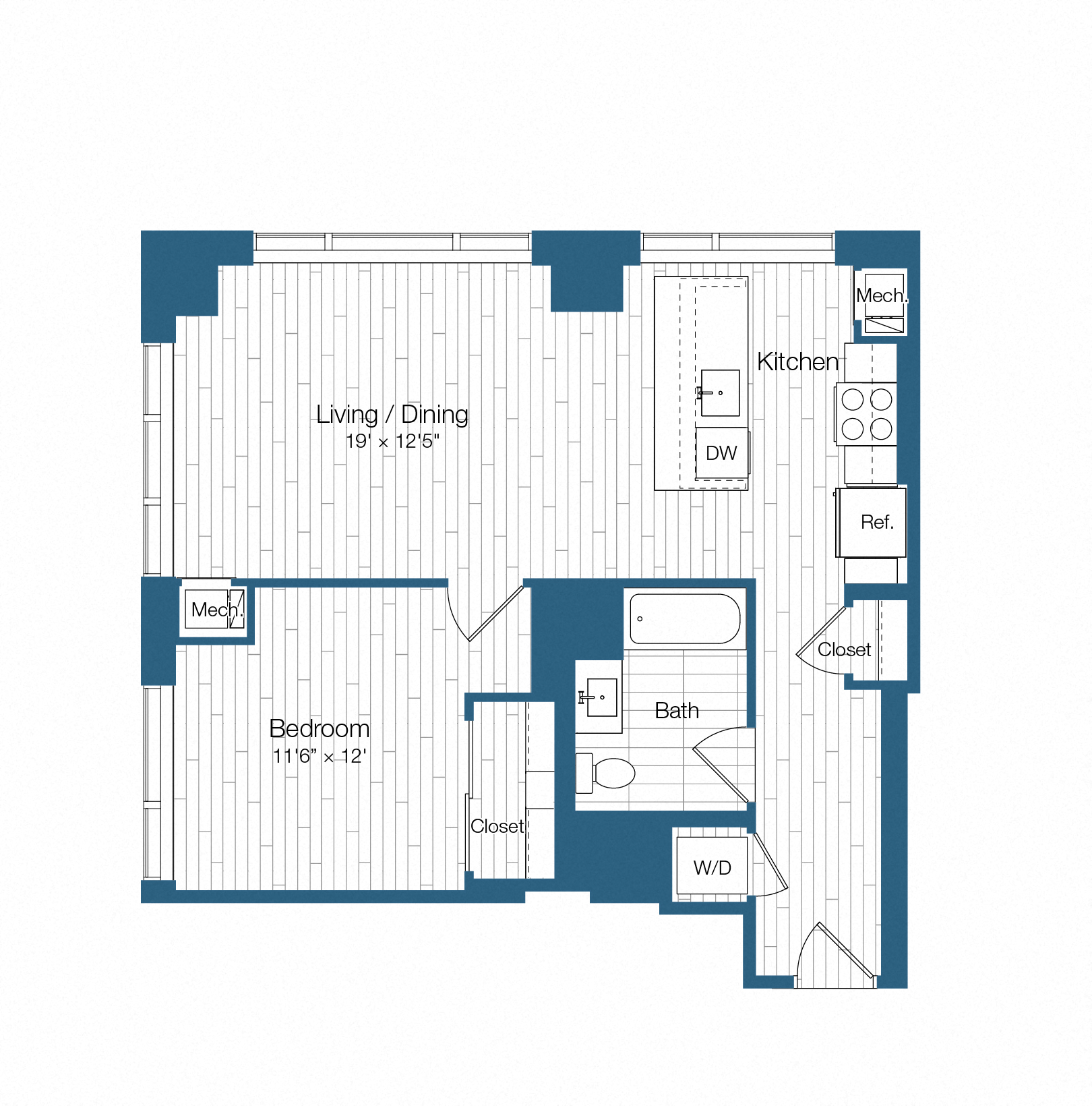Floor plan layout diagram for H25-A11, 1 bd - 1 ba