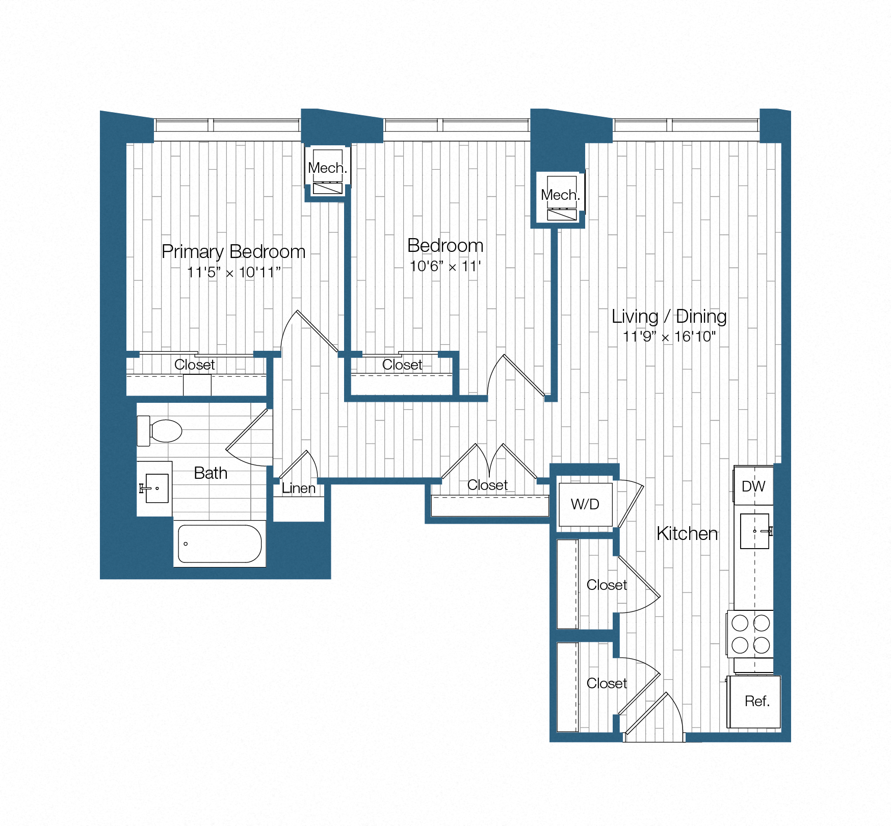 Floor plan layout diagram for H25-B01, 2 bd - 1 ba