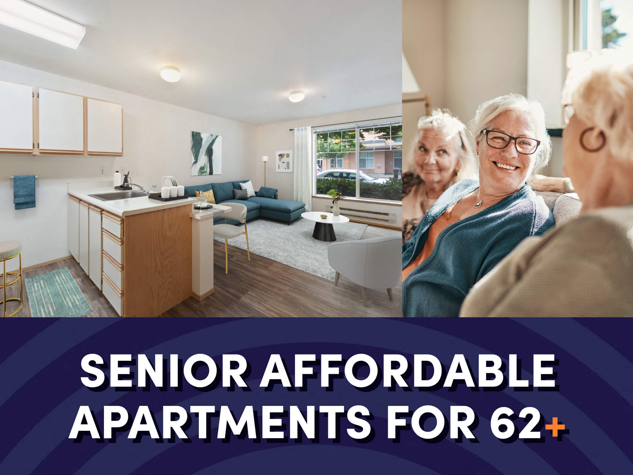 A kitchen looking over into the living room next to three seniors sitting side by side, above text that reads “Senior Affordable Apartments for 62+” for the Boardwalk Senior Affordable Apartments in Olympia, Washington.