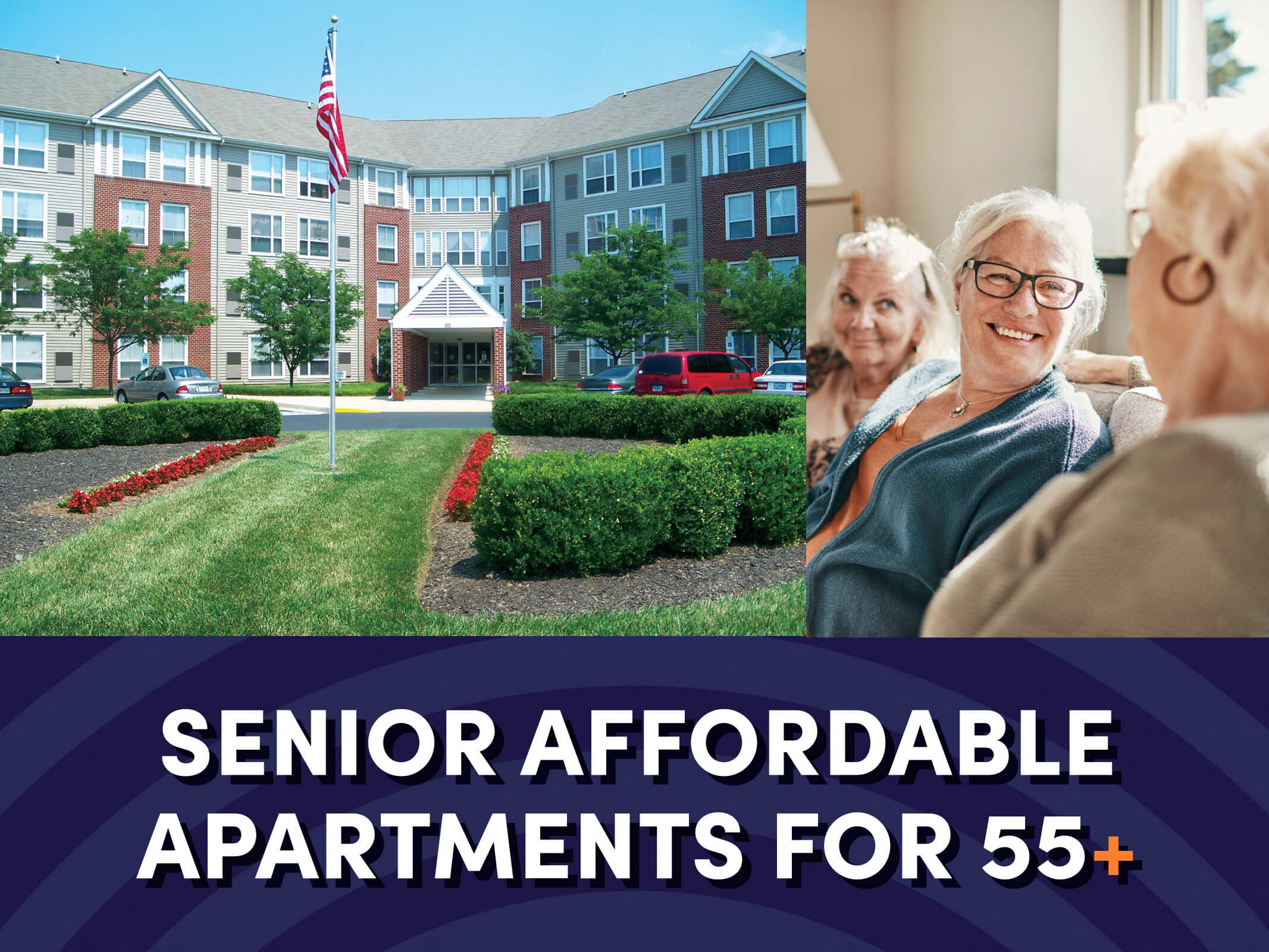 The building exterior next to 3 senior people sitting side by side above text that reads “Senior Affordable Apartments for 55+” for the Guardian Place Apartments in Richmond, Virginia.