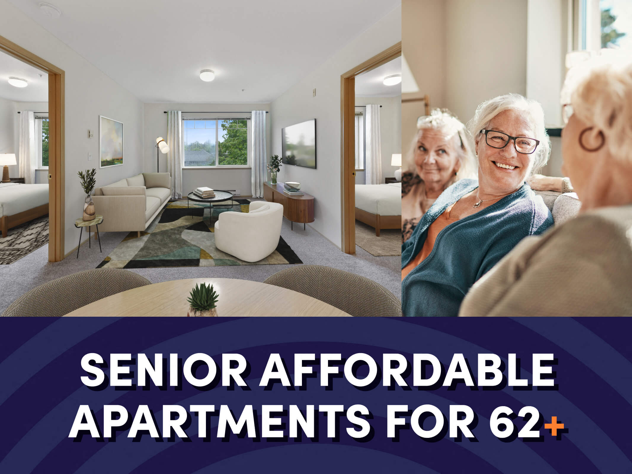 An image of a living room next to an image of three seniors sitting side by side above text that reads “Senior Affordable Apartments for 62+” for the Lakewood Meadows Senior Affordable Apartments in Lakewood, Washington.