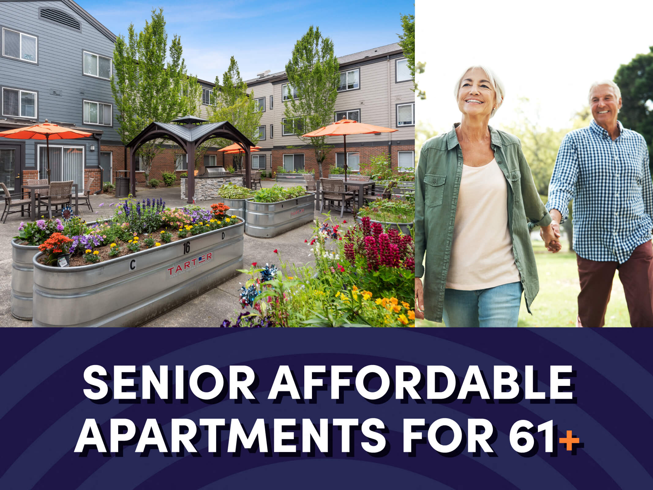 An image of walkways surrounded by lush landscaping next to an image of a senior couple holding hands above text that reads “Senior Affordable Apartments for 61+” for the Meridian Court Senior Affordable Apartments in Federal Way, Washington.