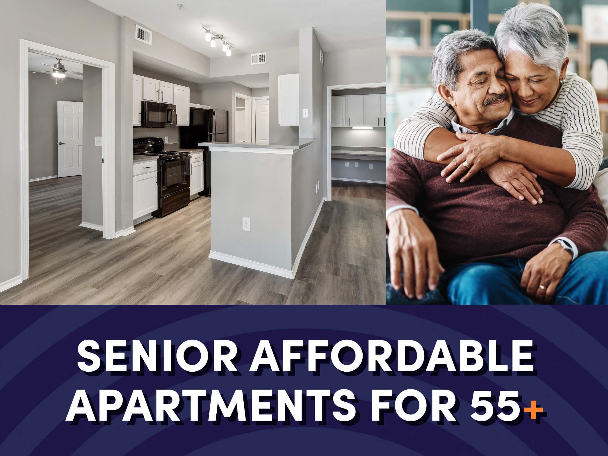A modern kitchen next to a senior couple hugging above text that reads “Senior Affordable Apartments for 55+” at The Sorento apartments in San Antonio, Texas.