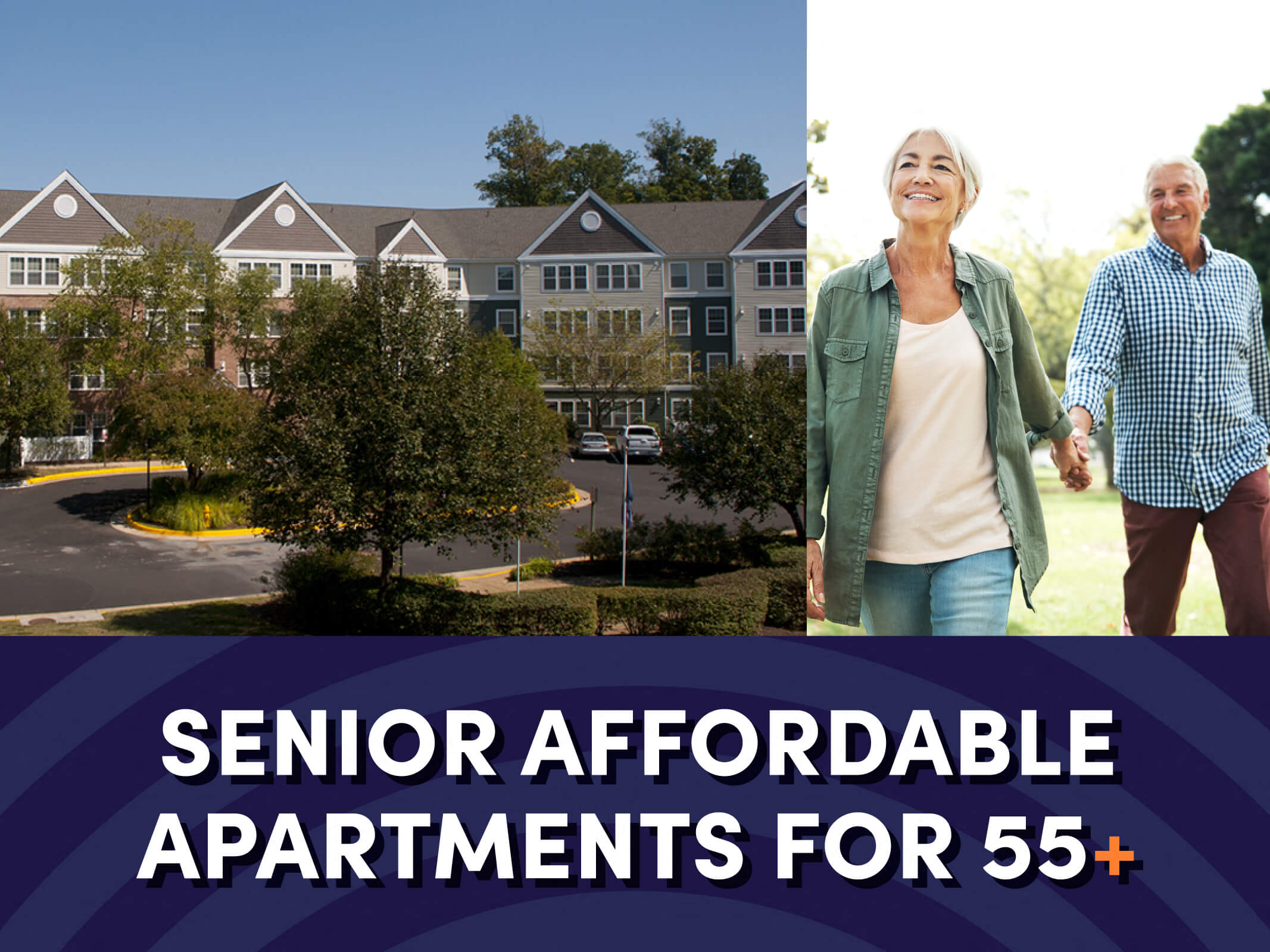 An image of the building exterior, an image of a senior couple holding hands, and text at the bottom that reads “Senior Affordable Apartments for 55+” at the Victoria Park and Woods at Victoria Park Apartments in Woodbridge, Virginia.