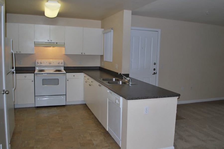 A kitchen with ample counter space at the Bristol Apartments in Dixon, California.