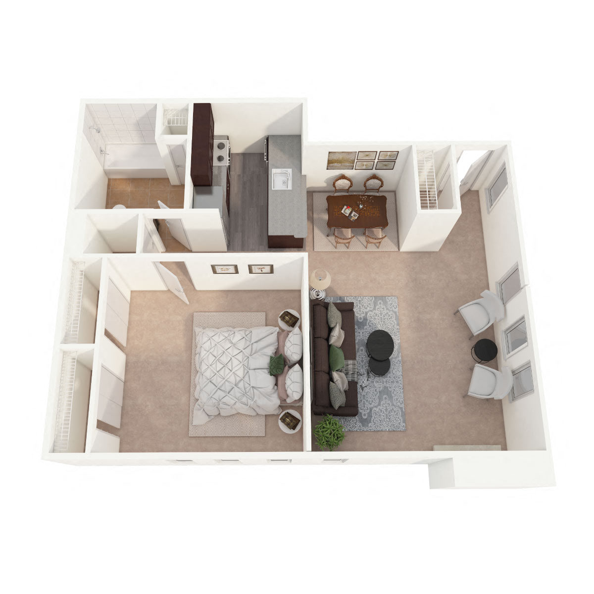 Inverness Apartments - One Bedroom Fireplace Floor Plan Picture