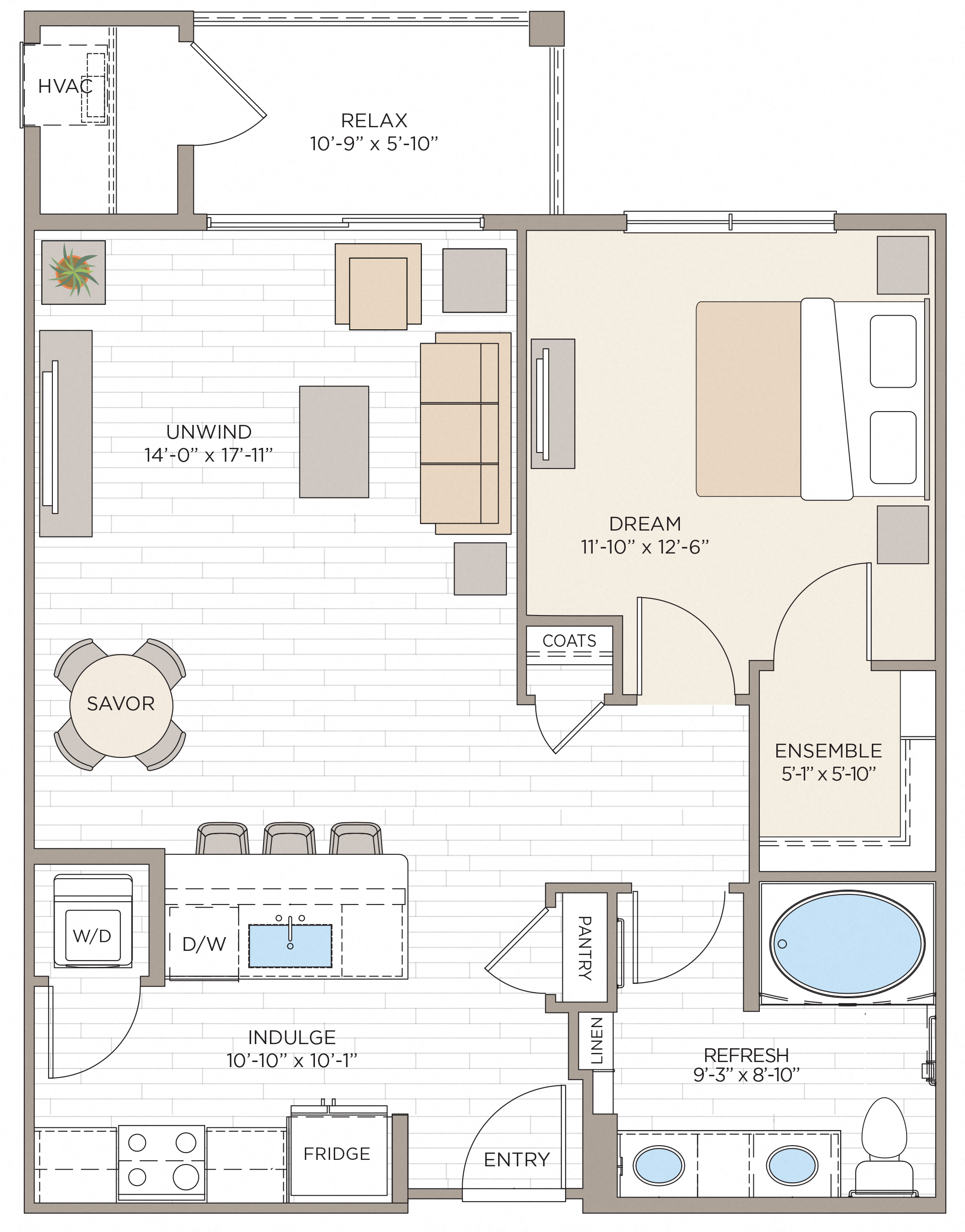Floorplan for Unit #A1B, 1  bedroom unit at Halstead Maynard Crossing