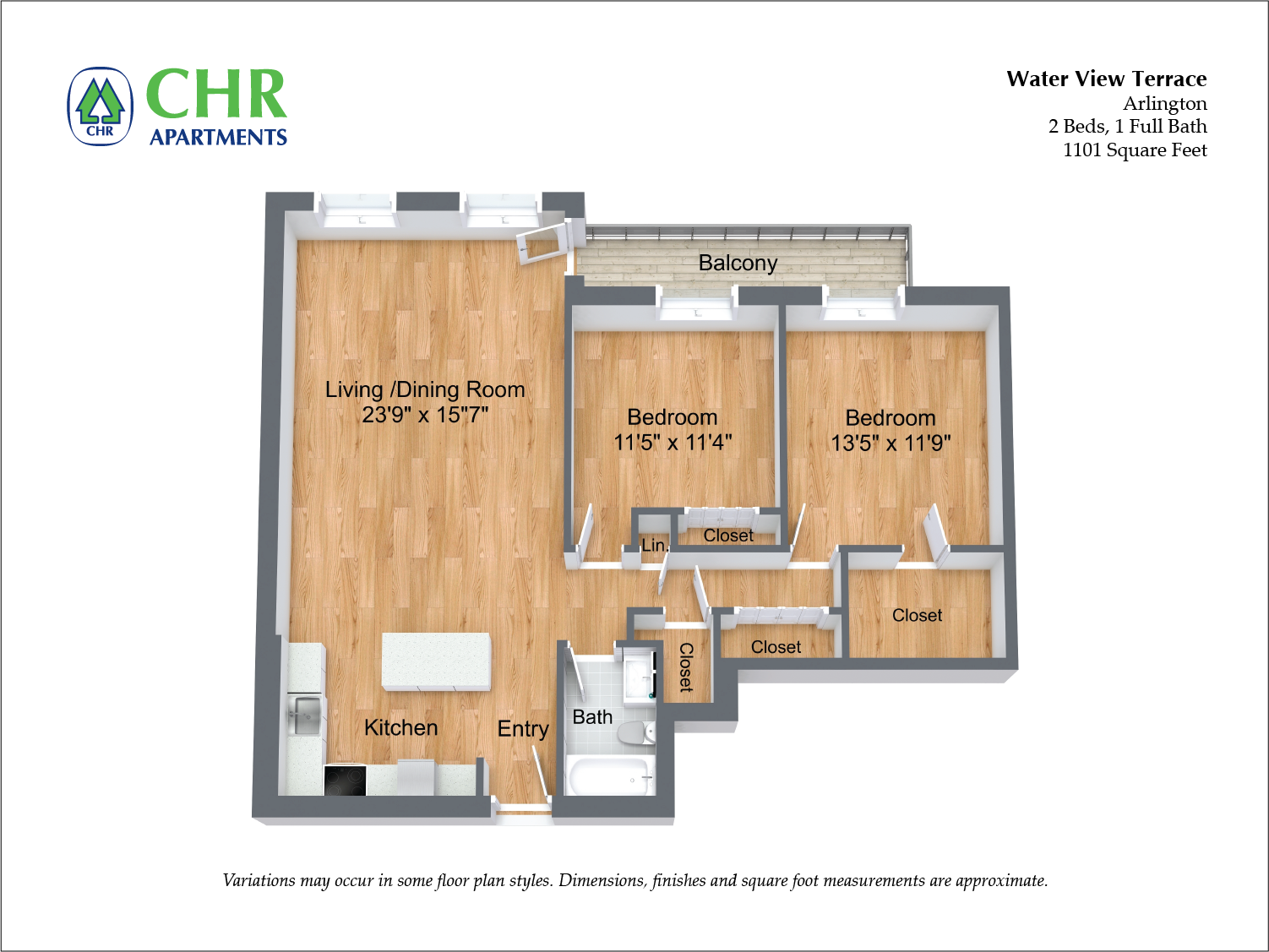 Click to view 2 Bed/1 Bath with Balcony and A/C floor plan gallery