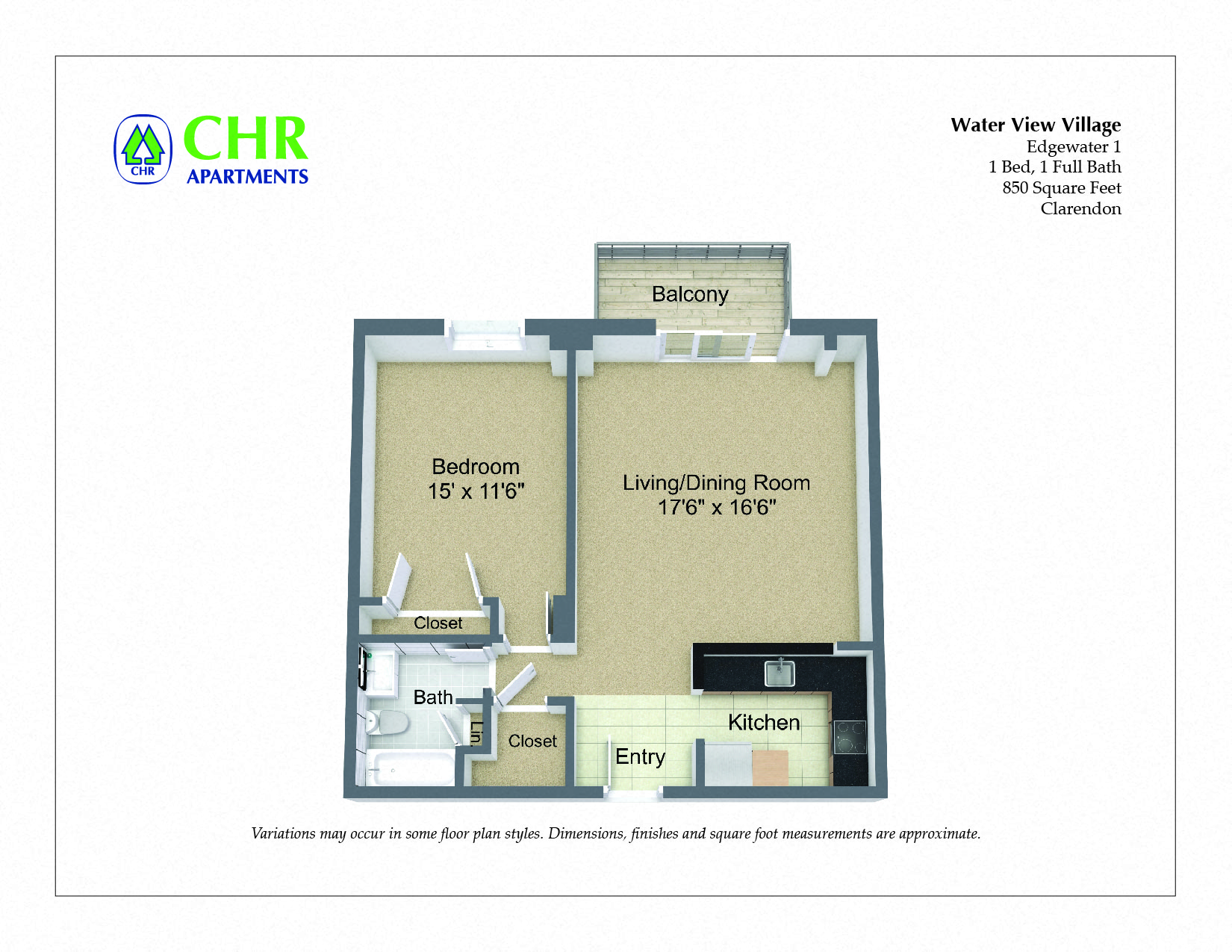 Click to view 1 Bed/1 Bath with Balcony floor plan gallery