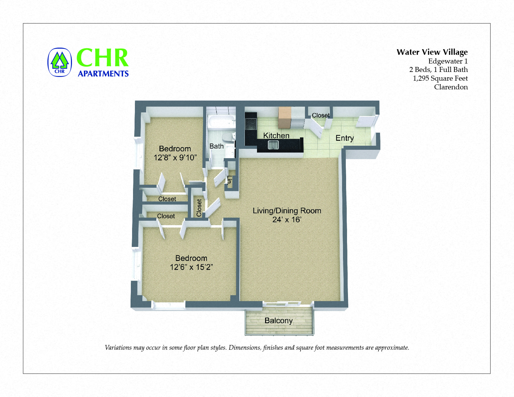 Click to view 2 Bed/1 Bath Corner Unit with Balcony floor plan gallery