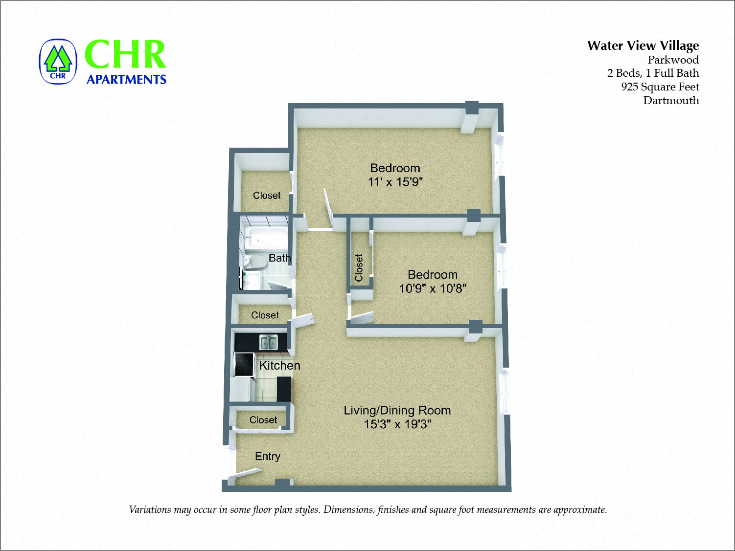 Click to view 2 Bed/1 Bath with Walk-In Closet floor plan gallery