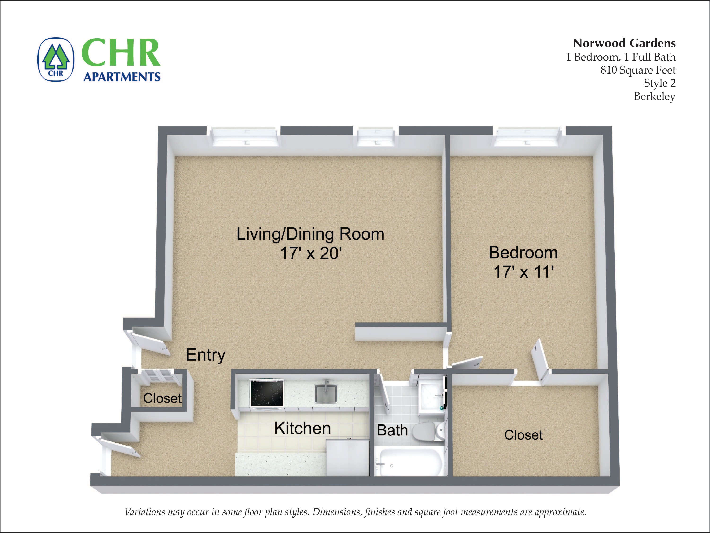 Click to view 1 Bed/1 Bath with Walk-In Closets floor plan gallery