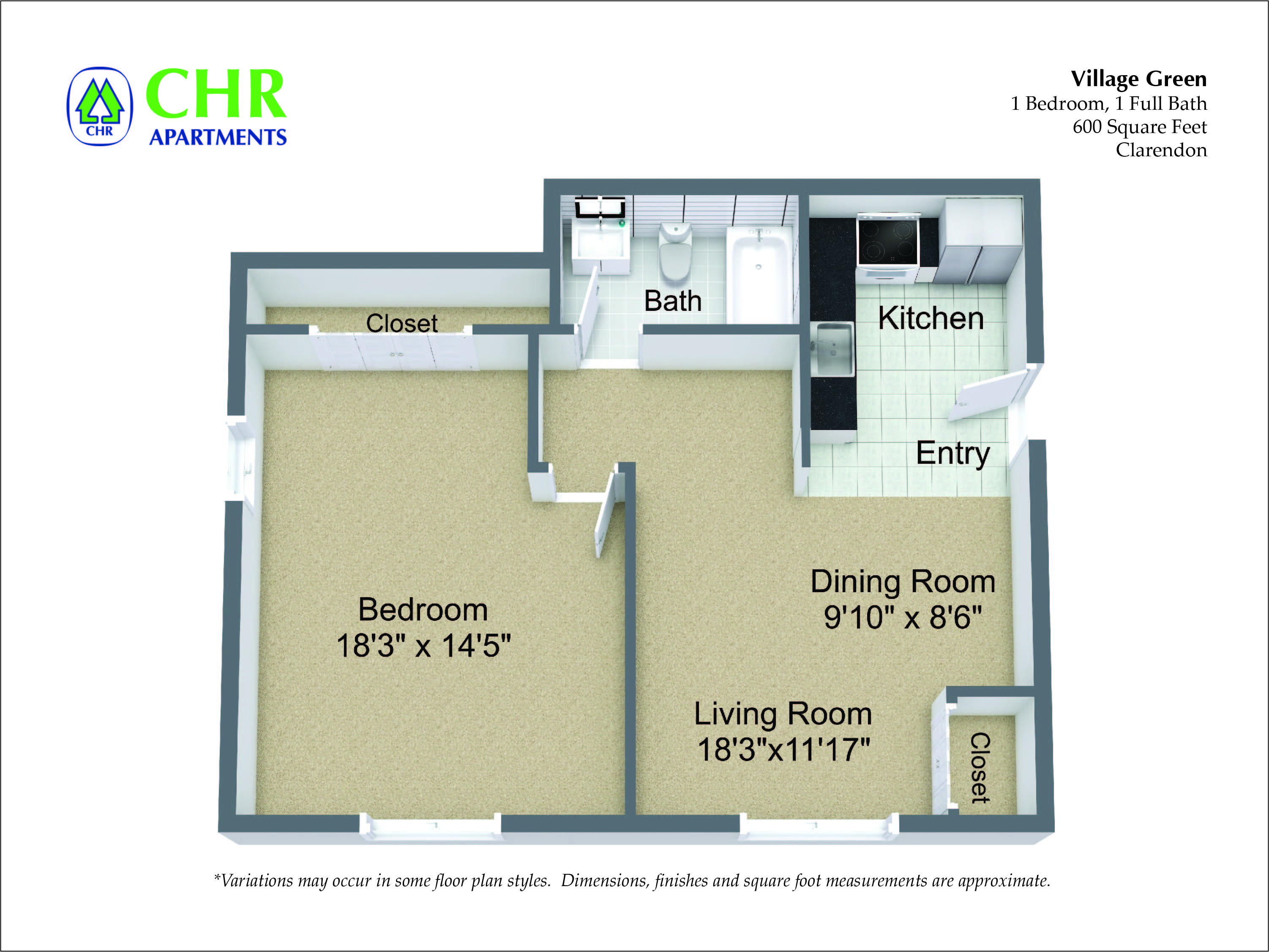 Click to view 1 Bed/1 Bath floor plan gallery