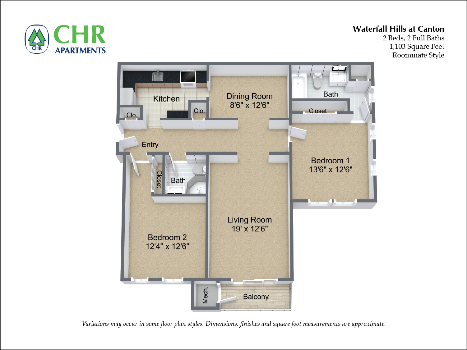 Click to view 2 Bedroom - Roommate floor plan gallery
