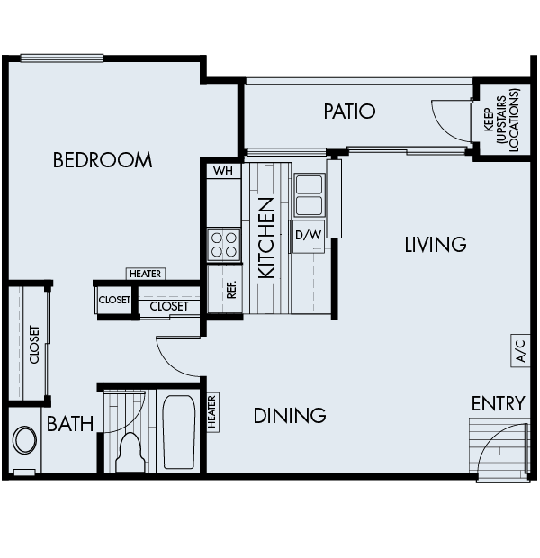 Floor plan 1A. A one bedroom, one bath floor plan at Cerritos Apartments in Cerritos.