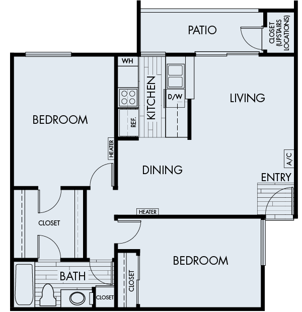 Floor plan 2A. A two bedroom, two bath floor plan at Cerritos Apartments in Cerritos.