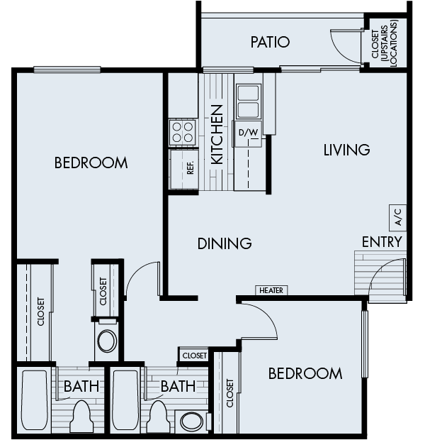 Floor plan 2B. A two bedroom, two bath floor plan at Cerritos Apartments in Cerritos.