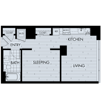 Floor plan 1A. A one bedroom, one bath floor plan at The Quincy in Downtown Denver.