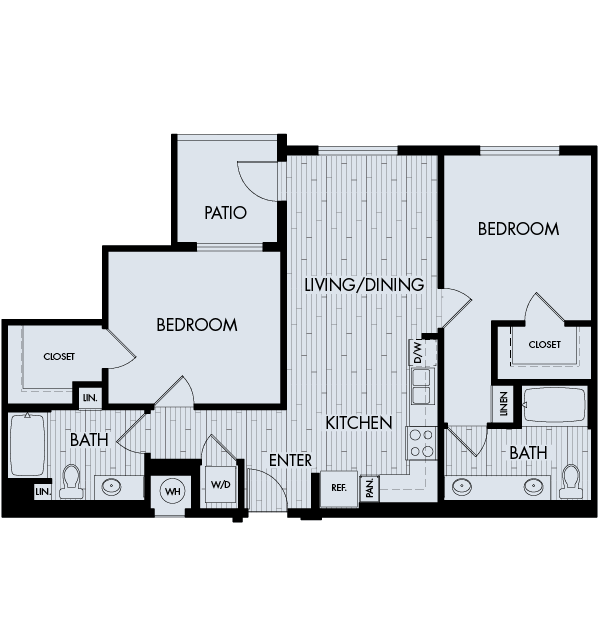 Floor plan 2A. A two bedroom, two bath floor plan at Eighty Eight Alhambra Place. 