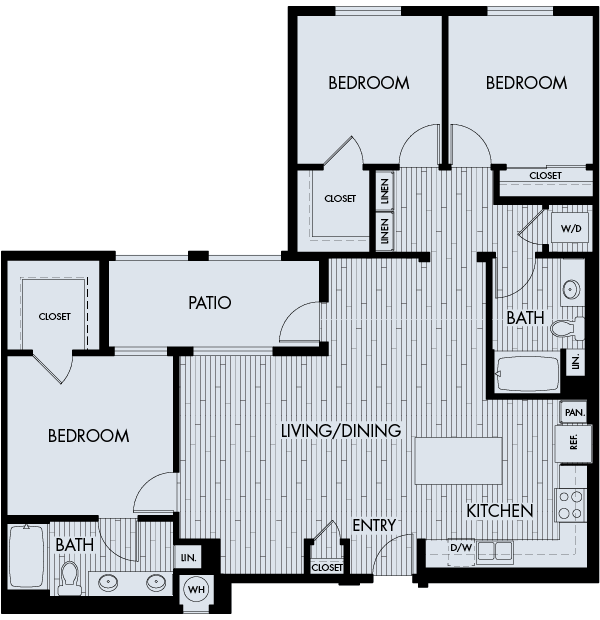 Floor plan 3A. A three bedroom, two bath floor plan at Eighty Eight Alhambra Place. 