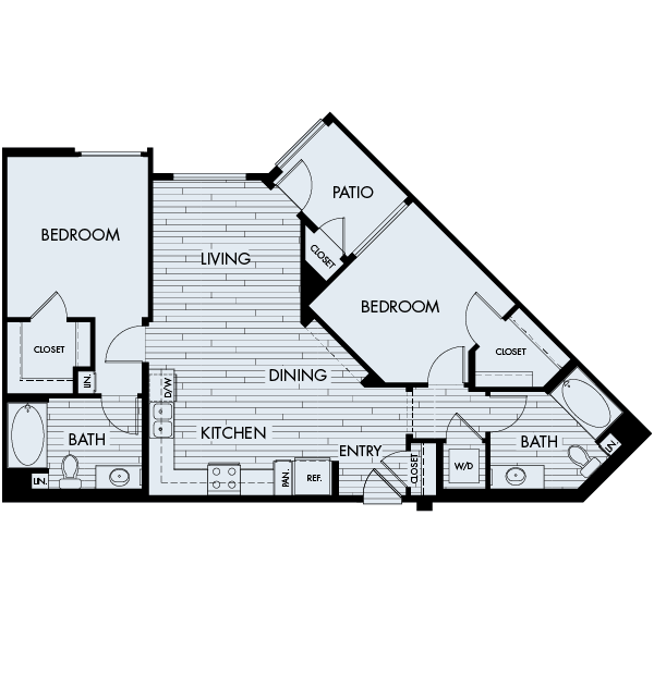 Floor plan 2A. Two bedroom, two bath at Ascent Apartments in San Jose.