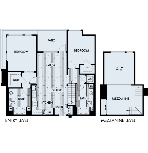 Floor plan 2B Mezzanine. Two bedroom, two bath with mezzanine at Ascent Apartments in San Jose.