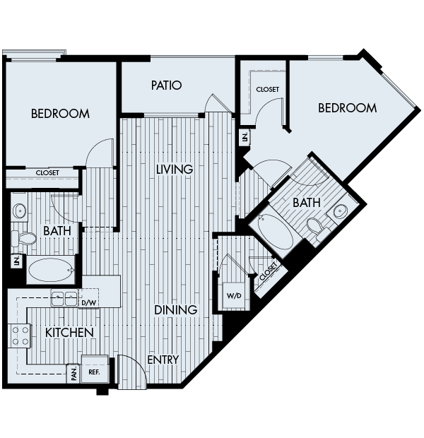 Floor plan 2C. Two bedroom, two bath at Ascent Apartments in San Jose.