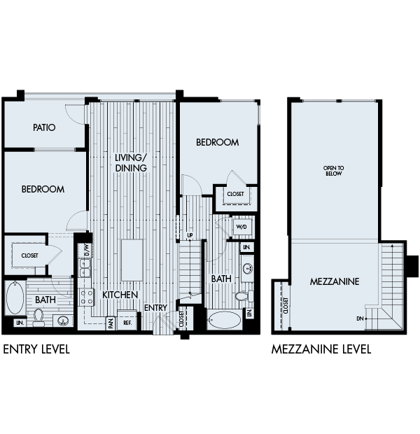 Floor plan 2E Mezzanine. Two bedroom, two bath with mezzanine at Ascent Apartments in San Jose.